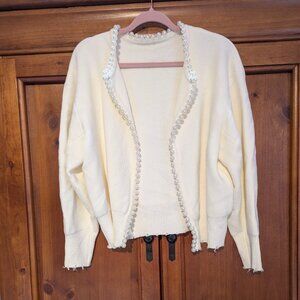 EUC Commense Distressed Hem Pearl Cardigan, Size Large